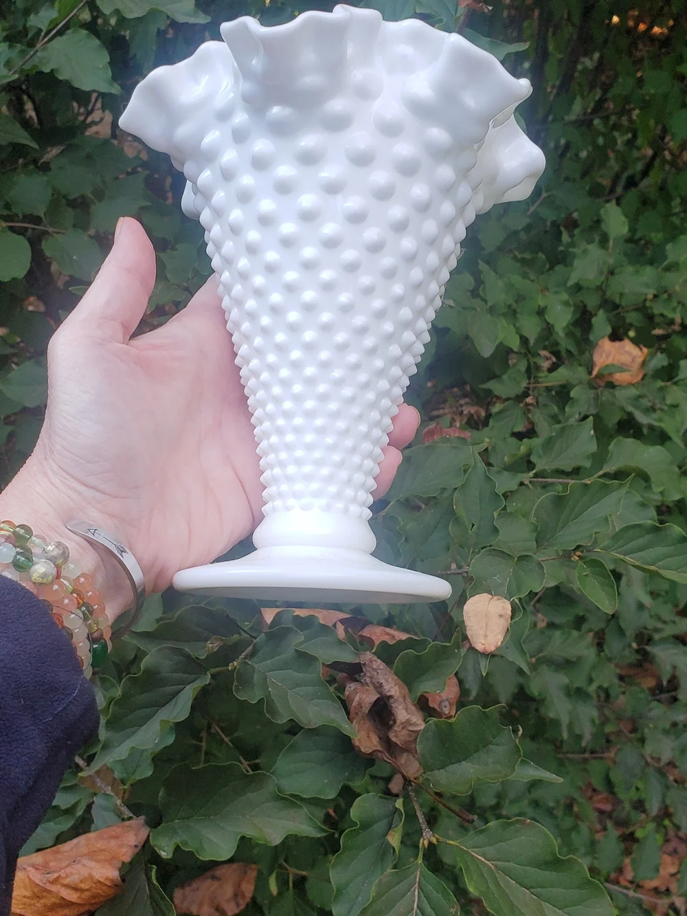 FENTON - Vintage Large Hobnail Milk Glass Trumpet Vase with Crimped Ruffled Rim
